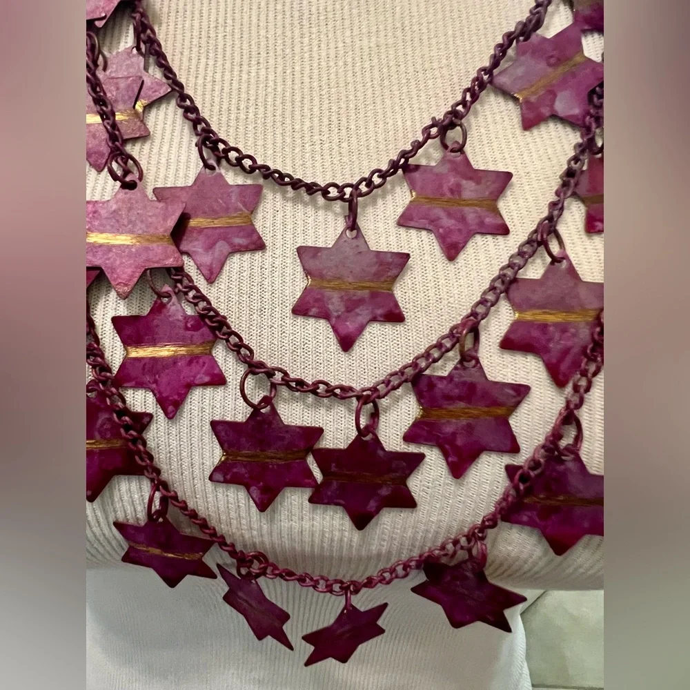 Vtg Unique Purple Multiple Drop Triple Layered Stars Necklace Fashion Jewelry - Picture 2 of 3